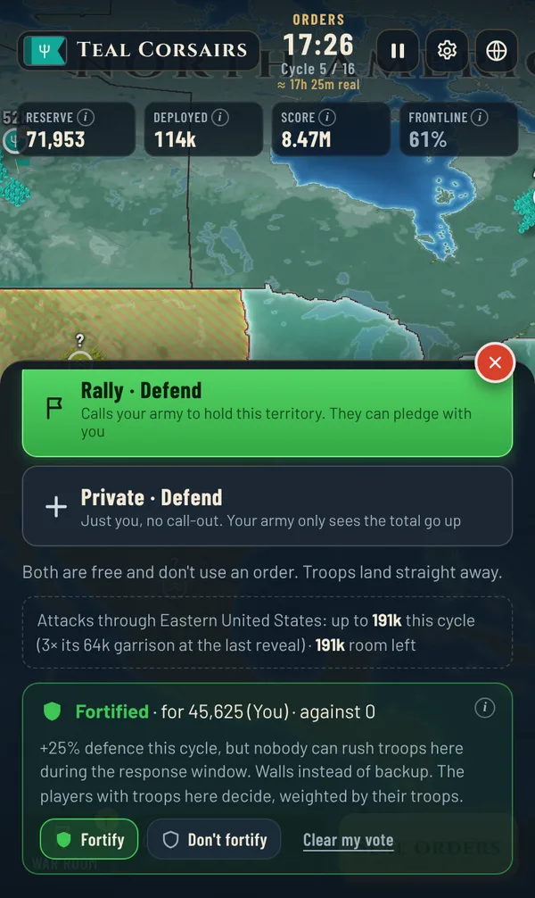 In the game: defending Eastern United States, with rally and private defence and the fortify vote
