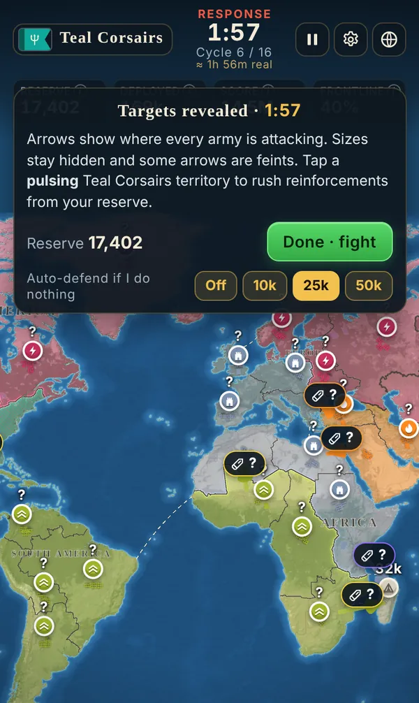 Phone: targets revealed, with attack arrows across the map and a response timer