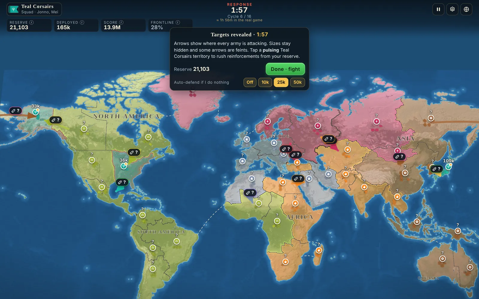 Targets revealed: attack arrows across the world map, each marked with a question mark instead of a size