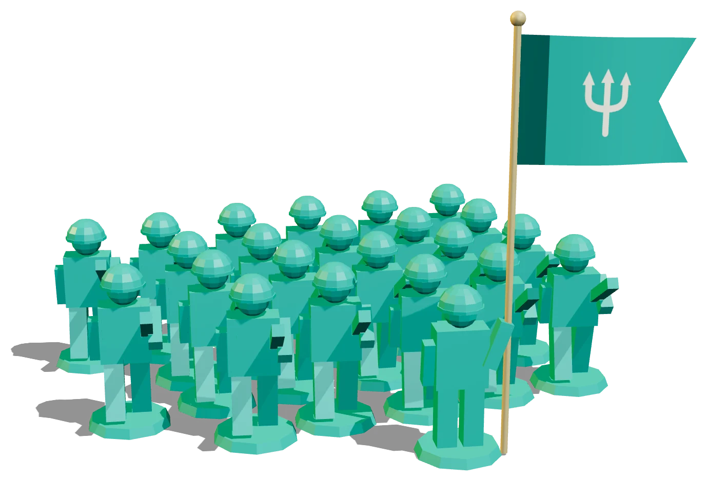 A formation of teal toy troops from the game, with the Teal Corsairs flag raised above them
